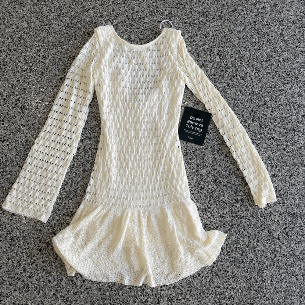 Cream Knit Long Sleeve Ruffle Hem Mini Dress